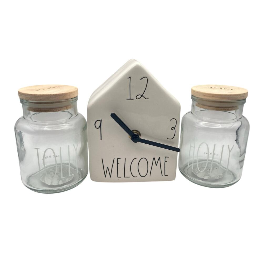Rae Dunn Three Piece Combo - Clock and Two Jars Holly and Jolly